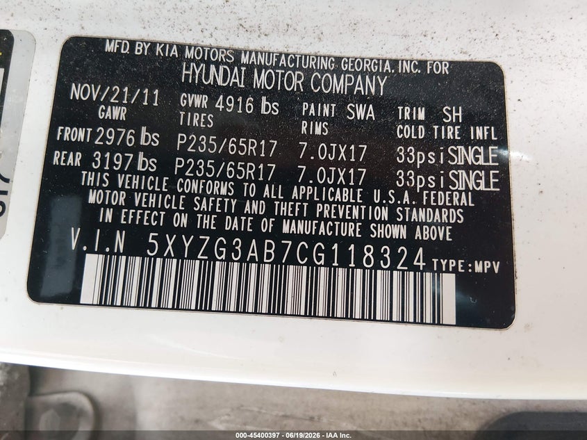 2012 Hyundai Santa fe VIN 5XYZG3AB7CG118324 IAAI salvage auction — NORMAL WEAR, Clear (Louisiana), sold $400 on 2026-07-29 (photo 9)