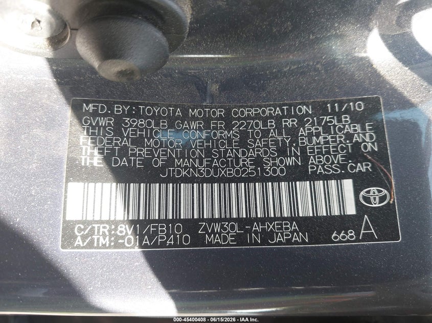 2011 Toyota Prius VIN JTDKN3DUXB0251300 IAAI salvage auction — NORMAL WEAR, Clear - Dealer Only (California), sold $1,550 on 2026-07-20 (photo 9)