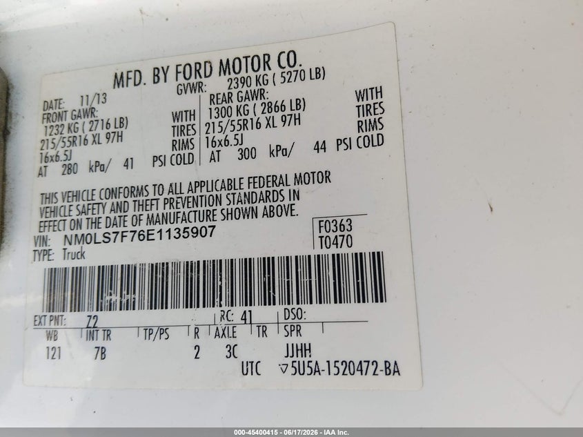 2014 Ford Transit VIN NM0LS7F76E1135907 IAAI salvage auction — WATER/FLOOD, Salvage (Tennessee), sold $475 on 2026-07-21 (photo 9)