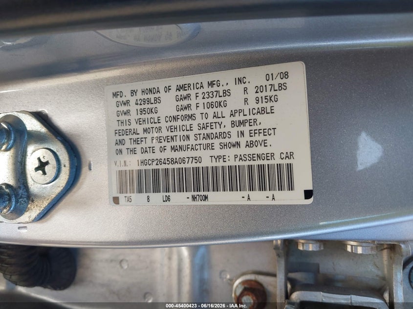 2008 Honda Accord VIN 1HGCP26458A067750 IAAI salvage auction — NORMAL WEAR, Clear (New York), sold $550 on 2026-07-17 (photo 9)