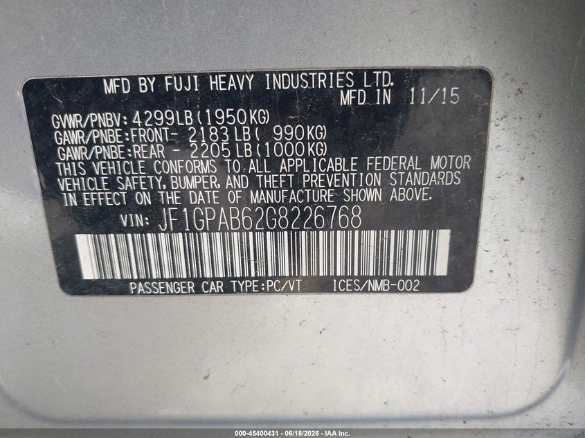 2016 Subaru Impreza VIN JF1GPAB62G8226768 IAAI salvage auction — LEFT FRONT, Salvage (Ohio), sold $975 on 2026-07-29 (photo 9)