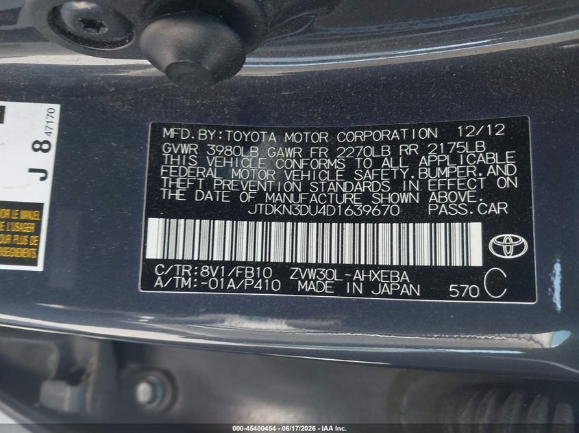 2013 Toyota Prius VIN JTDKN3DU4D1639670 IAAI salvage auction — SIDE, Salvage (California), sold $2,750 on 2026-07-08 (photo 9)