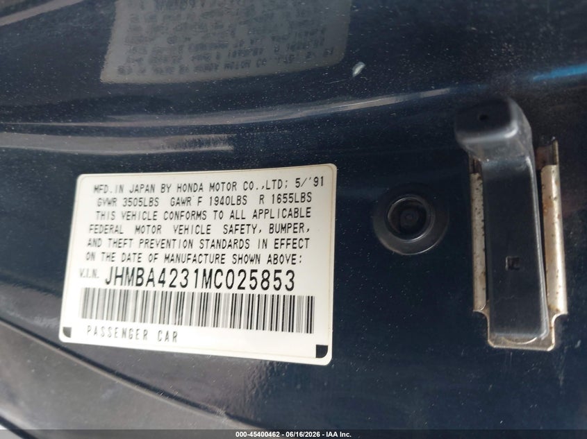 1991 Honda Prelude VIN JHMBA4231MC025853 IAAI salvage auction — FRONT END, Salvage (Idaho), sold $1,225 on 2026-07-08 (photo 9)