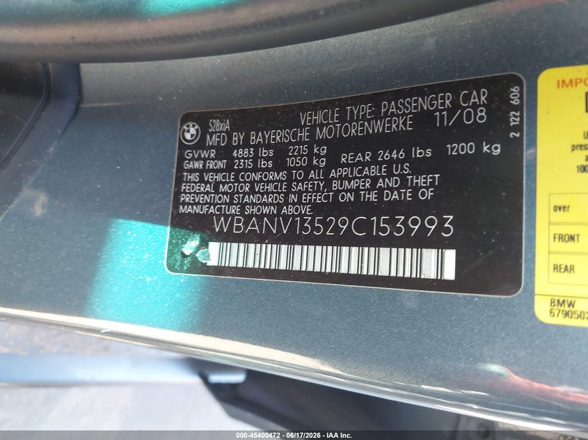 2009 BMW 5 series VIN WBANV13529C153993 IAAI salvage auction — NORMAL WEAR, Clear-Dealer Only (North Carolina), sold $275 on 2026-07-13 (photo 9)