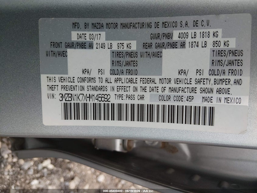 2017 Mazda 3 VIN 3MZBN1K7XHM145692 IAAI salvage auction — LEFT FRONT, Wait Title, sold $2,450 on 2026-09-24 (photo 9)