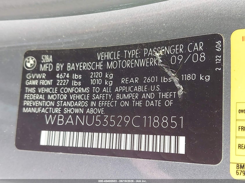 2009 BMW 5er VIN WBANU53529C118851 IAAI salvage auction — LEFT REAR, Salvage (Ohio), sold $1,100 on 2026-07-08 (photo 9)