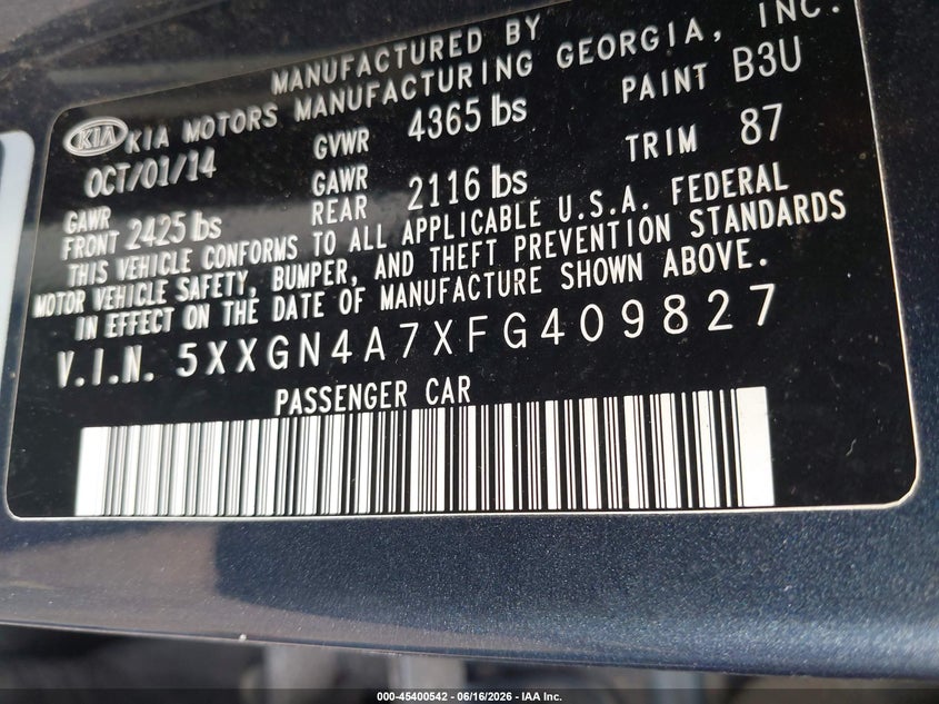 2015 Kia Optima VIN 5XXGN4A7XFG409827 IAAI salvage auction — NORMAL WEAR, Clear (Indiana), sold $1,650 on 2026-07-29 (photo 9)