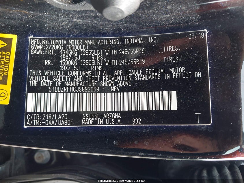 2018 Toyota Highlander VIN 5TDDZRFH6JS893069 IAAI salvage auction — SIDE, Rebuildable (Florida), sold $12,300 on 2026-07-14 (photo 9)