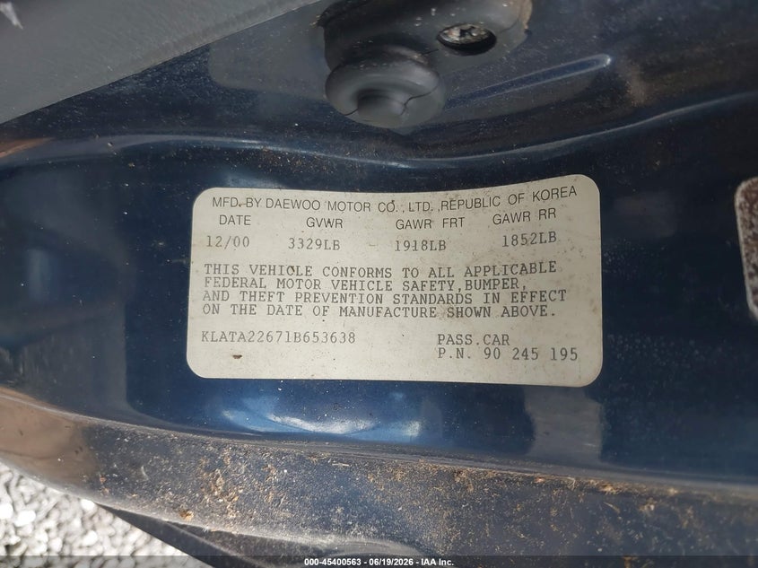 2001 Daewoo LANOS S VIN KLATA22671B653638 IAAI salvage auction — NORMAL WEAR, Clear (South Carolina), sold $300 on 2026-07-14 (photo 9)