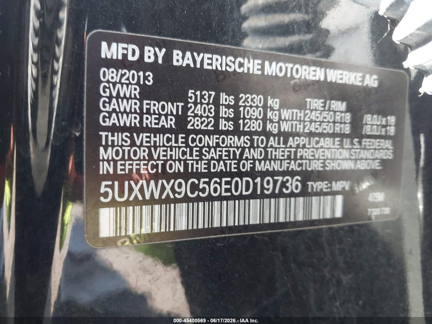 2014 BMW X3 VIN 5UXWX9C56E0D19736 IAAI salvage auction — RIGHT FRONT, Clear (Michigan), sold $2,250 on 2026-07-30 (photo 9)