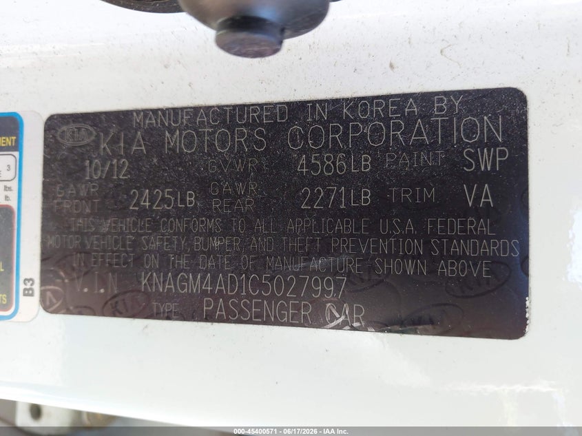 2012 Kia Optima VIN KNAGM4AD1C5027997 IAAI salvage auction — FRONT END, Salvage (Ohio), sold $850 on 2026-07-13 (photo 9)