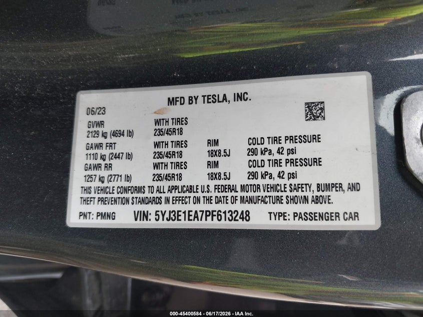 2023 Tesla Model 3 VIN 5YJ3E1EA7PF613248 IAAI salvage auction — REAR END, Mv-907A (New York), sold $8,950 on 2026-07-07 (photo 9)