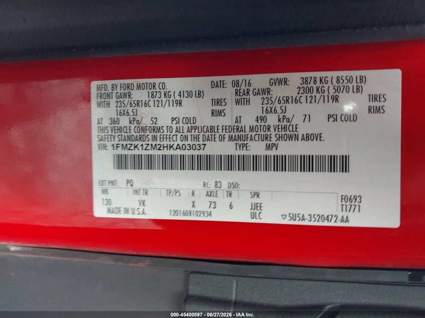 2017 Ford Transit 150 VIN 1FMZK1ZM2HKA03037 IAAI salvage auction — NORMAL WEAR, Sf97 (Washington), sold $25 on 2026-07-29 (photo 9)