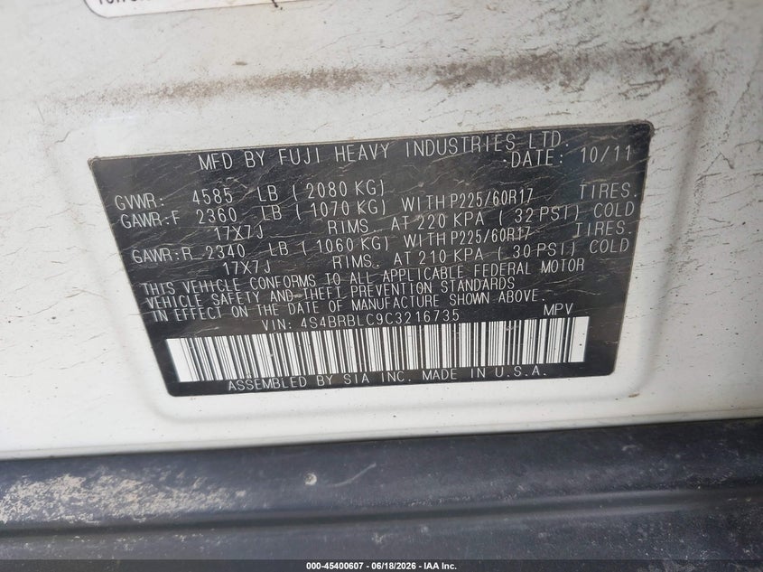 2012 Subaru Outback VIN 4S4BRBLC9C3216735 IAAI salvage auction — REAR END, Salvage (Montana), sold $725 on 2026-07-10 (photo 9)