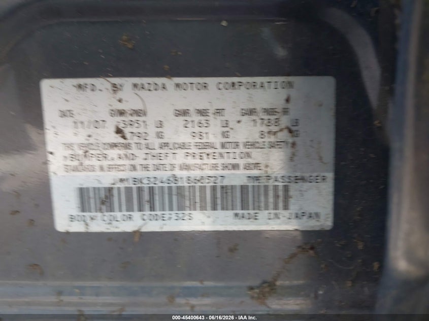 2008 Mazda 3 VIN JM1BK324681860527 IAAI salvage auction — NORMAL WEAR, Clear - Dealer Only (California), sold $325 on 2026-07-20 (photo 9)