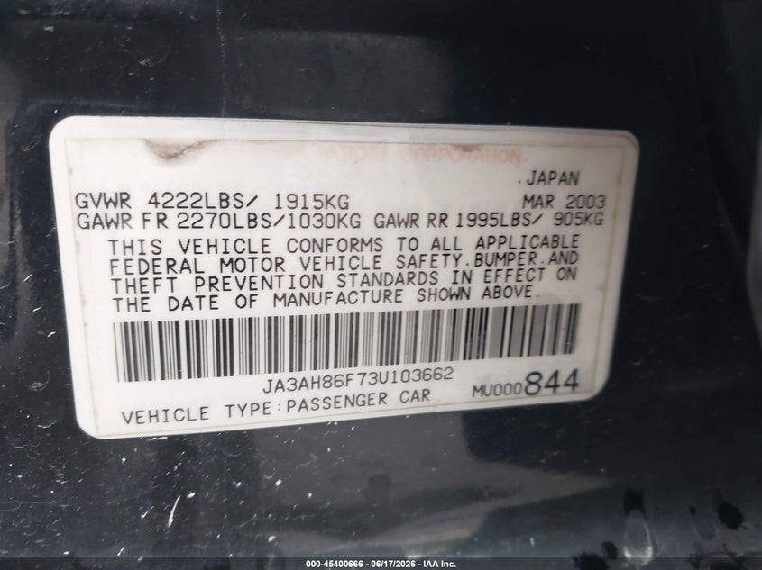 2003 Mitsubishi Lancer evolution VIN JA3AH86F73U103662 IAAI salvage auction — FRONT END, Salvage (Minnesota), sold $8,100 on 2026-08-21 (photo 9)