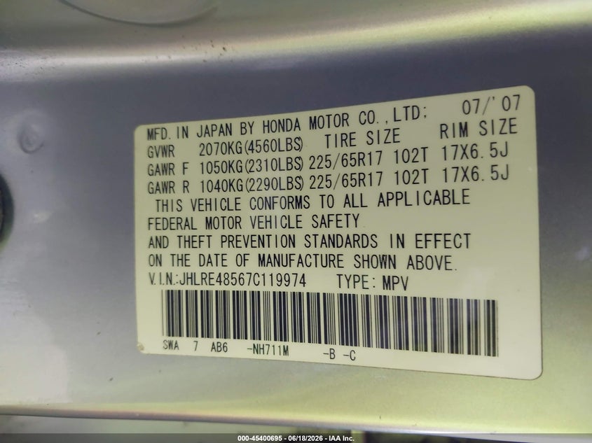 2007 Honda Cr-v VIN JHLRE48567C119974 IAAI salvage auction — FRONT END, Bill Of Sale (Washington), sold $1,425 on 2026-07-07 (photo 9)
