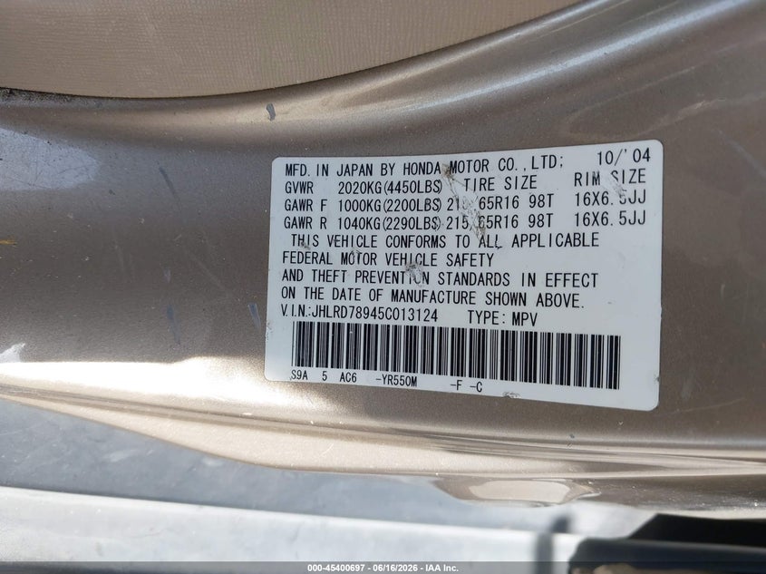 2005 Honda Cr-v VIN JHLRD78945C013124 IAAI salvage auction — NORMAL WEAR, Clear - Dealer Only (California), sold $725 on 2026-07-27 (photo 9)