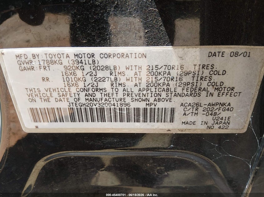 2002 Toyota Rav4 VIN JTEGH20V320041896 IAAI salvage auction — NORMAL WEAR, Clear - Dealer Only (California), sold $800 on 2026-07-15 (photo 9)