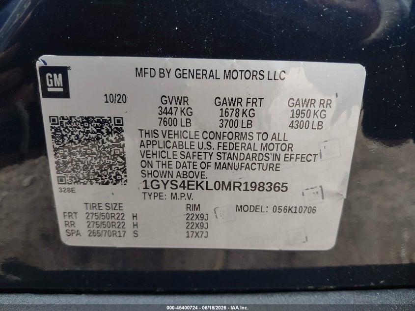 2021 Cadillac Escalade VIN 1GYS4EKL0MR198365 IAAI salvage auction — FRONT END, Salvage Title, sold $25,700 on 2026-07-27 (photo 9)