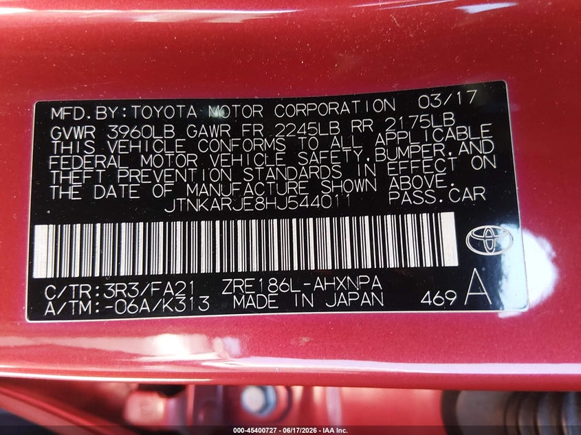 2017 Toyota VIN JTNKARJE8HJ544011 IAAI salvage auction — FRONT END, Salvage (California), sold $2,900 on 2026-07-20 (photo 9)