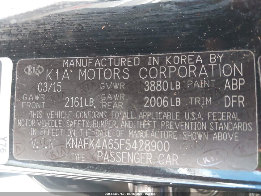 2015 Kia Forte VIN KNAFK4A65F5428900 IAAI salvage auction — FRONT & REAR, Salvage (Texas), sold $450 on 2026-07-16 (photo 9)