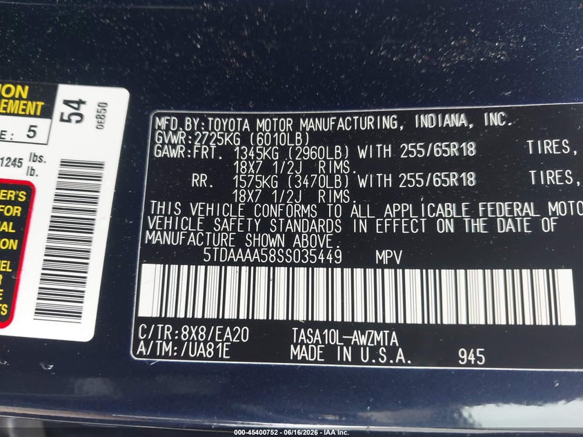 2025 Toyota Highlander VIN 5TDAAAA58SS035449 IAAI salvage auction — REAR END, Salvage (Texas), sold $7,400 on 2026-07-28 (photo 9)