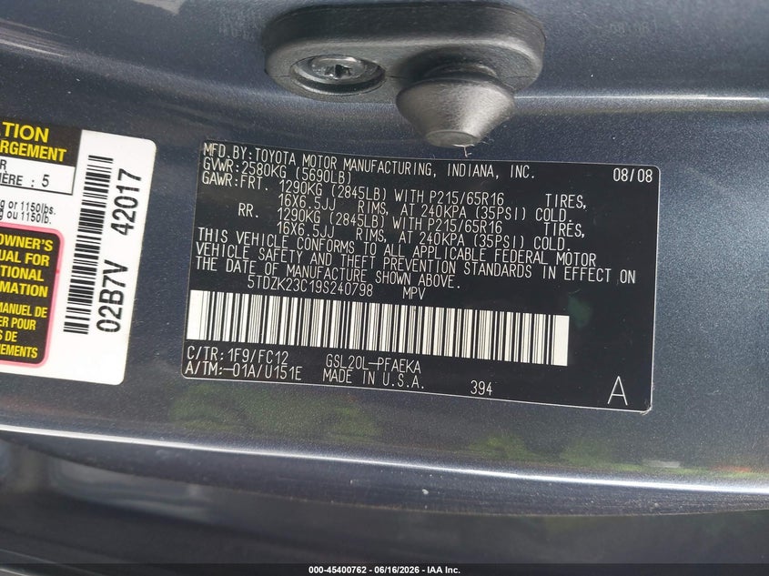 2009 Toyota Sienna VIN 5TDZK23C19S240798 IAAI salvage auction — RIGHT FRONT, Bill Of Sale (Washington), sold $725 on 2026-07-08 (photo 9)