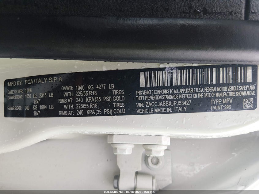 2018 Jeep Renegade VIN ZACCJABBXJPJ53427 IAAI salvage auction — FRONT END, Clear (Arkansas), sold $2,450 on 2026-08-07 (photo 9)