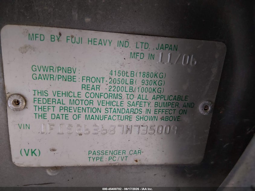 2007 Subaru Forester VIN JF1SG63687H735009 IAAI salvage auction — NORMAL WEAR, Original (Alaska), sold $1,150 on 2026-07-10 (photo 9)