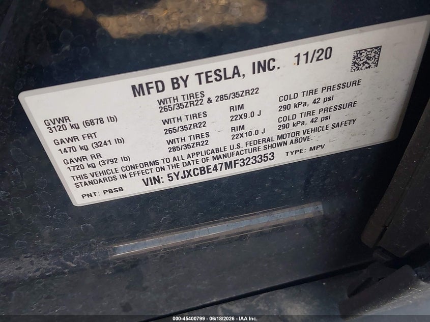 2021 Tesla Model x VIN 5YJXCBE47MF323353 IAAI salvage auction — FRONT END, Salvage - Greater Than 75% (Maryland), sold $7,575 on 2026-07-13 (photo 9)