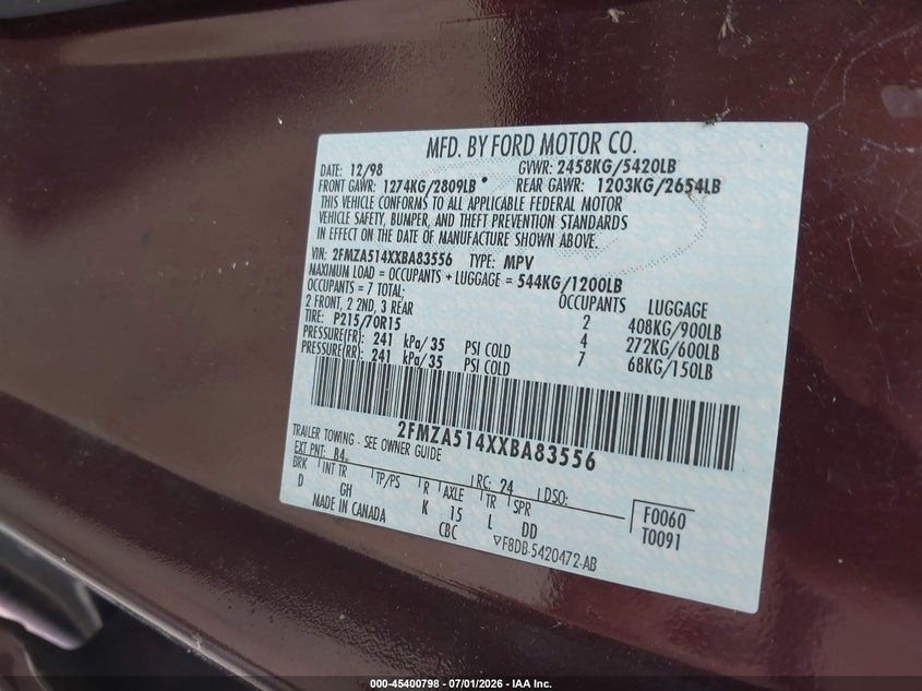 1999 Ford Windstar VIN 2FMZA514XXBA83556 IAAI salvage auction — NORMAL WEAR, Clear (Pennsylvania), sold $425 on 2026-07-09 (photo 9)