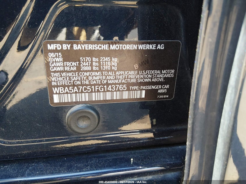 2015 BMW 5er VIN WBA5A7C51FG143765 IAAI salvage auction — NORMAL WEAR, Bill Of Sale - Parts Only (Connecticut), sold $475 on 2026-07-30 (photo 9)