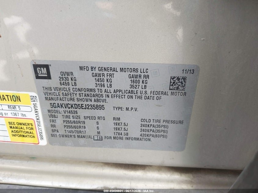 2014 Buick Enclave VIN 5GAKVCKD5EJ235895 IAAI salvage auction — FRONT END, Bill Of Sale (Washington), sold $650 on 2026-08-01 (photo 9)