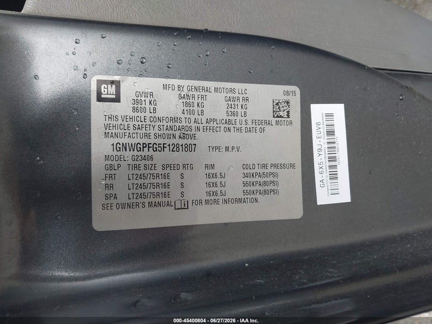 2015 Chevrolet Express 2500 VIN 1GNWGPFG5F1281807 IAAI salvage auction — NORMAL WEAR, Sf97 (Washington), sold $9,100 on 2026-07-29 (photo 9)
