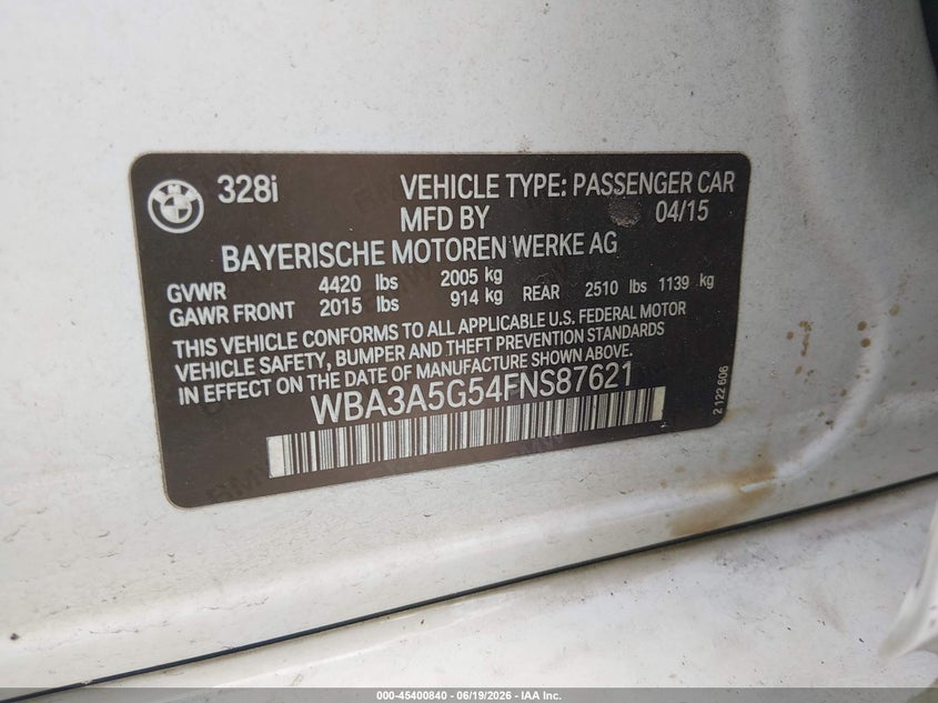 2015 BMW 3er VIN WBA3A5G54FNS87621 IAAI salvage auction — FRONT END, Salvage (Mississippi), sold $425 on 2026-08-14 (photo 9)