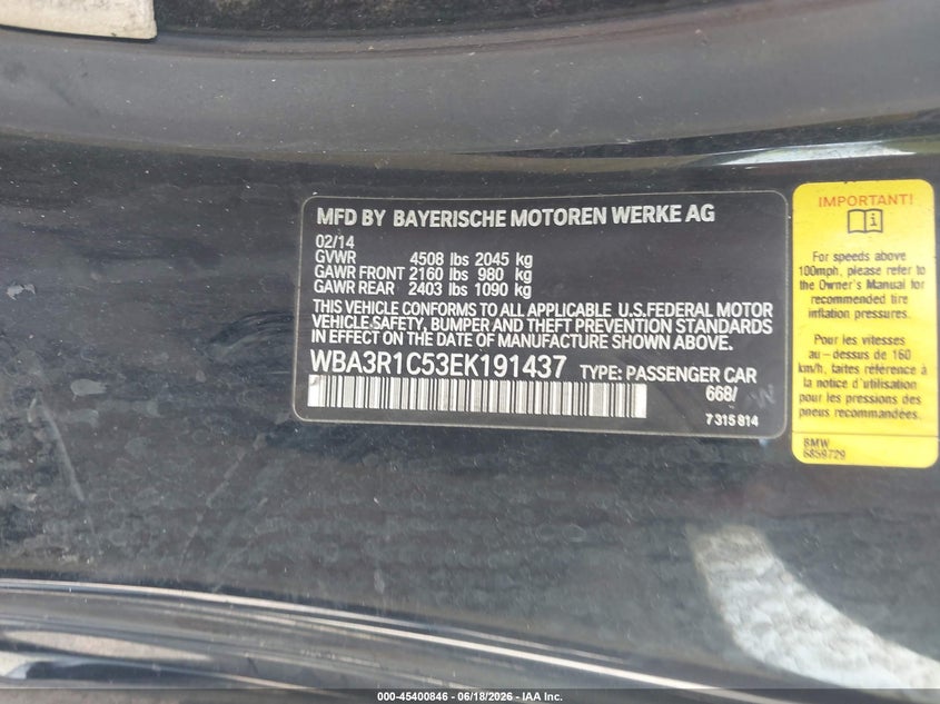 2014 BMW 4er VIN WBA3R1C53EK191437 IAAI salvage auction — Burn Engine, Non-Repairable (California), sold $150 on 2026-07-13 (photo 9)