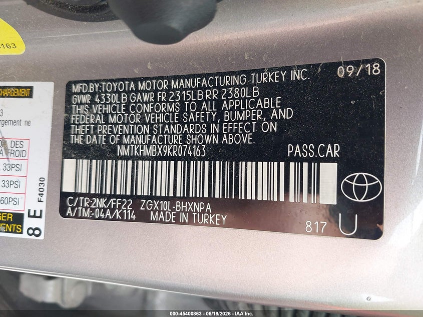 2019 Toyota C-hr VIN NMTKHMBX9KR074163 IAAI salvage auction — ROOF, Salvage Title, sold $5,000 on 2026-07-20 (photo 9)