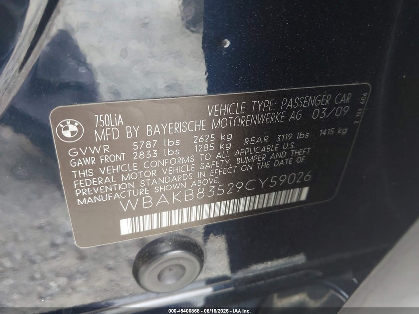 2009 BMW 7 series VIN WBAKB83529CY59026 IAAI salvage auction — RIGHT FRONT, Salvage (Georgia), sold $2,550 on 2026-07-14 (photo 9)