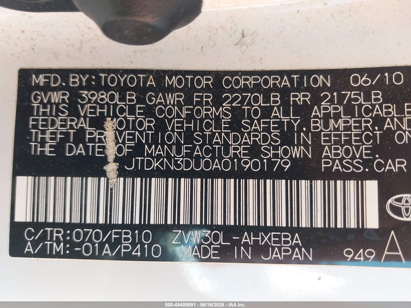 2010 Toyota Prius VIN JTDKN3DU0A0190179 IAAI salvage auction — SIDE, Clear (Virginia), sold $825 on 2026-07-28 (photo 9)