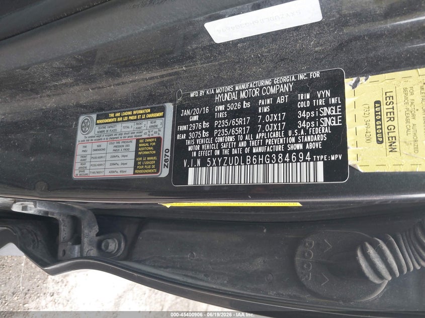 2017 Hyundai Santa fe VIN 5XYZUDLB6HG384694 IAAI salvage auction — FRONT END, Salvage Title, sold $1,700 on 2026-07-29 (photo 9)
