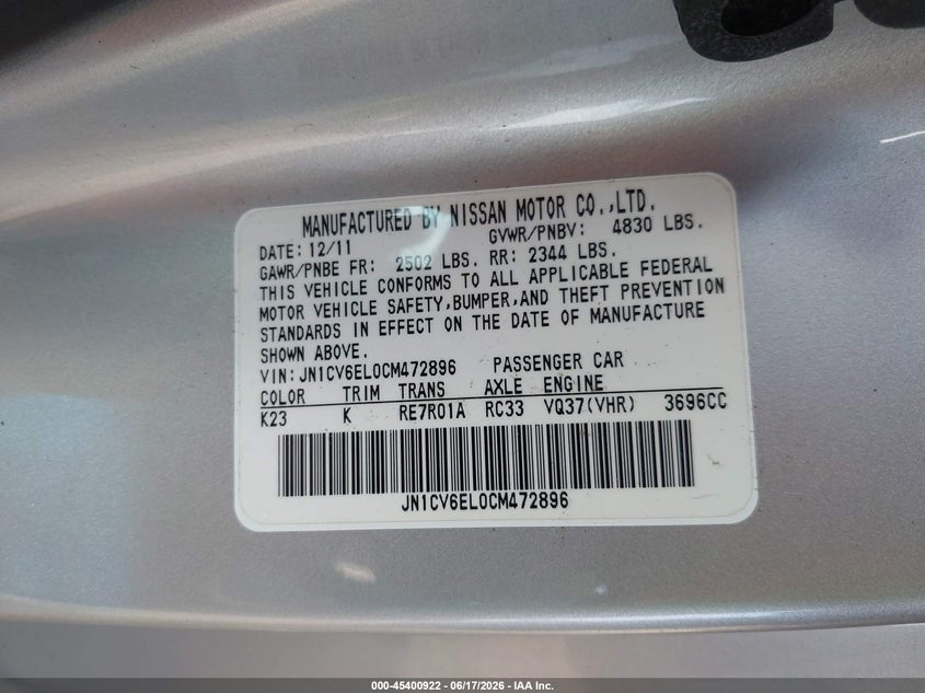 2012 Infiniti G VIN JN1CV6EL0CM472896 IAAI salvage auction — FRONT END, Salvage (Pennsylvania), sold $25 on 2026-07-31 (photo 9)