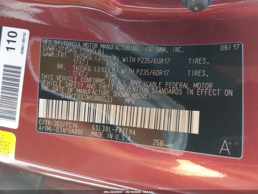 2017 Toyota Sienna VIN 5TDKZ3DC9HS880533 IAAI salvage auction — LEFT & RIGHT, Salvage (California), sold $25 on 2026-07-23 (photo 9)
