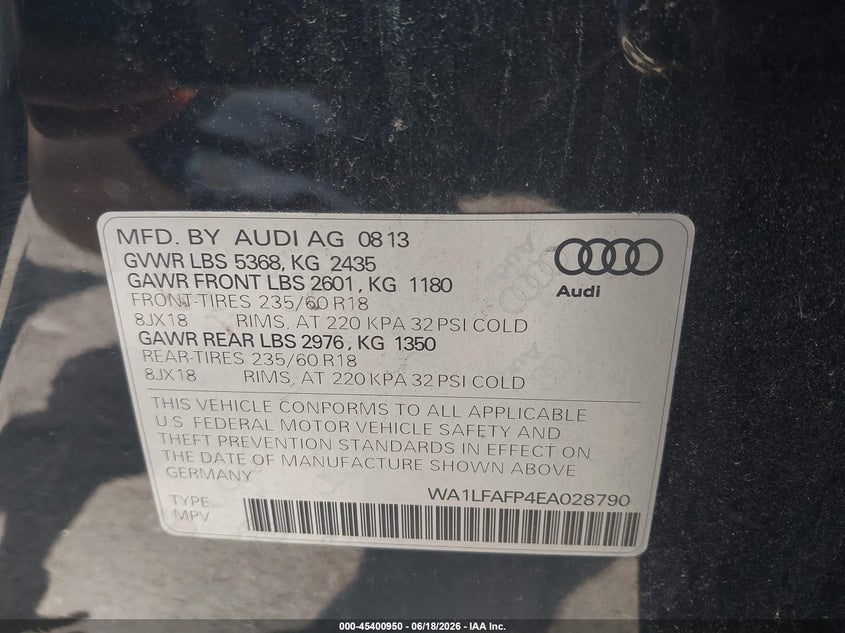 2014 Audi Q5 VIN WA1LFAFP4EA028790 IAAI salvage auction — LEFT SIDE, Salvage - Greater Than 75% (Maryland), sold $125 on 2026-07-11 (photo 9)