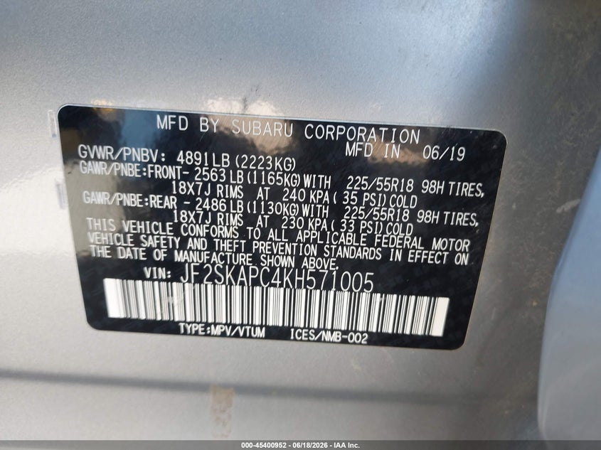 2019 Subaru Forester VIN JF2SKAPC4KH571005 IAAI salvage auction — FRONT END, Salvage Title, sold $2,150 on 2026-07-30 (photo 9)