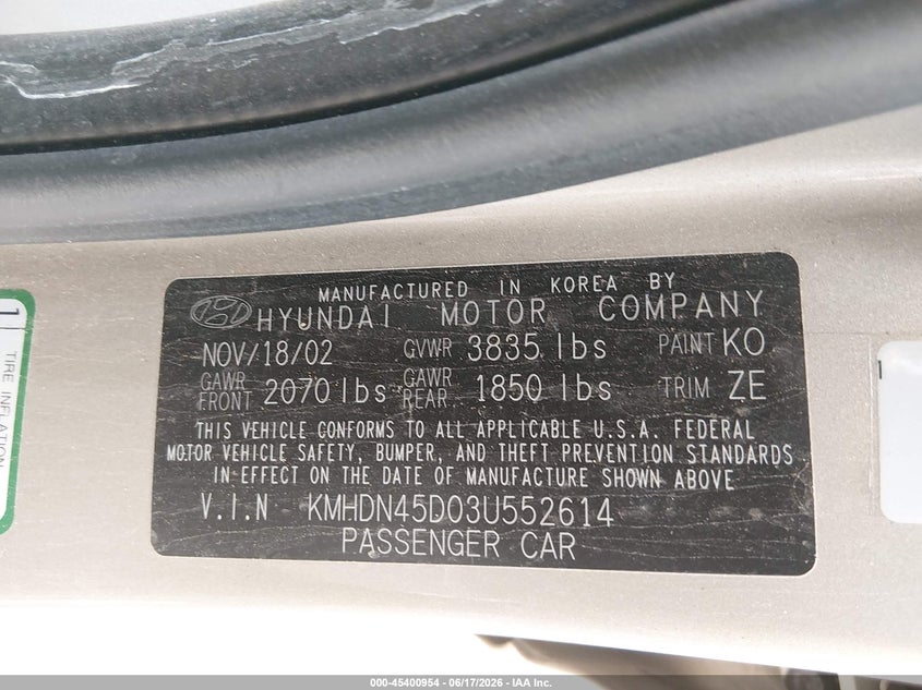 2003 Hyundai Elantra VIN KMHDN45D03U552614 IAAI salvage auction — LEFT SIDE, Salvage (Texas), sold $325 on 2026-07-22 (photo 9)