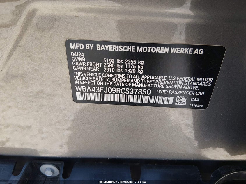 2024 BMW 5er VIN WBA43FJ09RCS37850 IAAI salvage auction — FRONT & REAR, Salvage (Alabama), sold $2,550 on 2026-07-29 (photo 9)