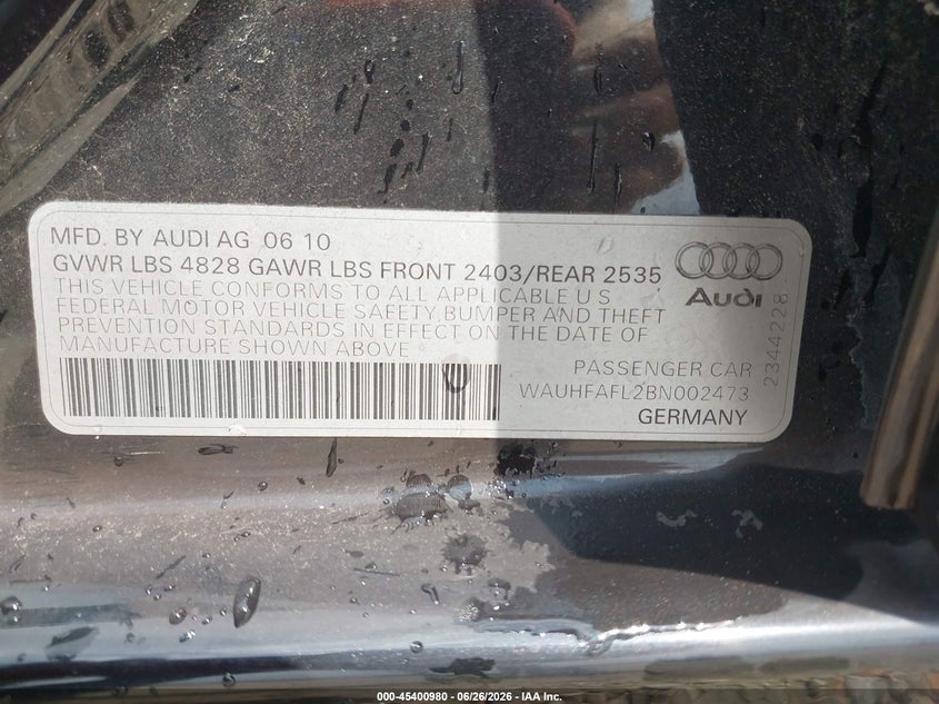 2011 Audi A4 VIN WAUHFAFL2BN002473 IAAI salvage auction — NORMAL WEAR, Clear (Alabama), sold $425 on 2026-07-07 (photo 9)
