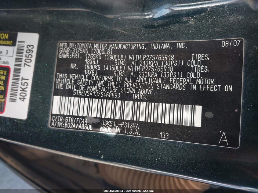2007 Toyota Tundra VIN 5TBEV54137S468893 IAAI salvage auction — SIDE, Salvage (Arizona), sold $2,650 on 2026-07-09 (photo 9)