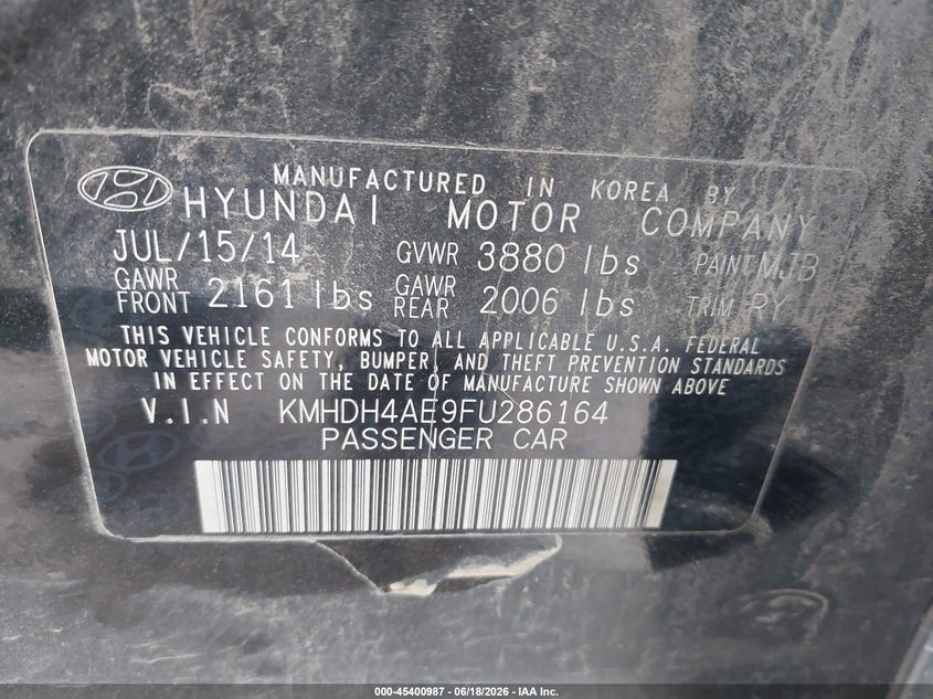 2015 Hyundai Elantra VIN KMHDH4AE9FU286164 IAAI salvage auction — WATER/FLOOD, Salvage (Texas), sold $25 on 2026-07-30 (photo 9)